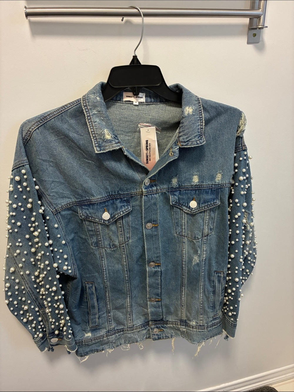 NWT SUNSET+spring Pearl-Embellished Distressed Denim Jacket - Blue size m